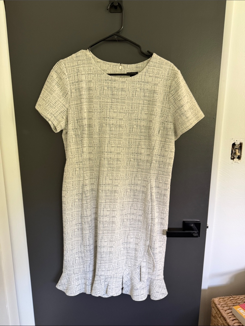 Ann Taylor Cream Textured Short-Sleeve Ruffle-Hem Dress
